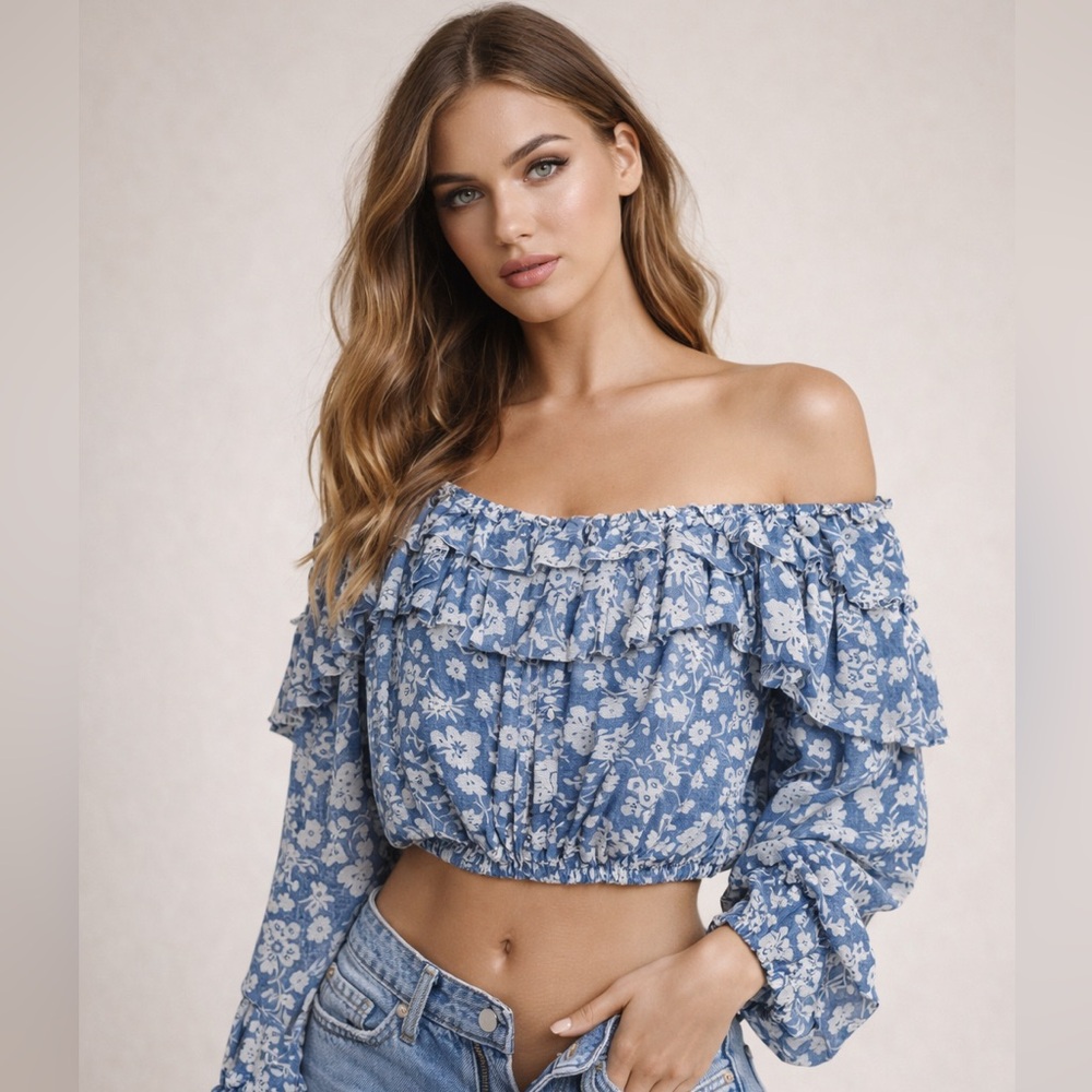 Love Shack Fancy Floral Ruffled Top Biscay Blue